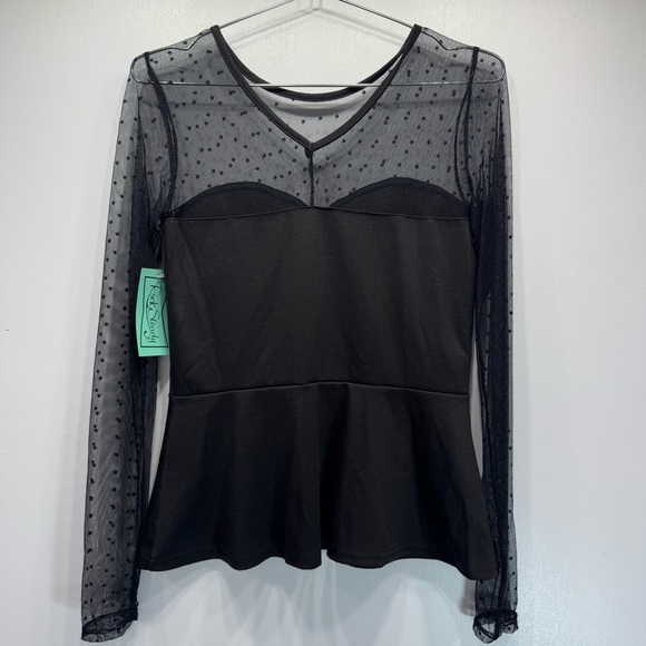 Black Sheer Polka Dot Lace Peplum Top Sweetheart Bodice Rockabilly Rock Steady - Picture 4 of 10